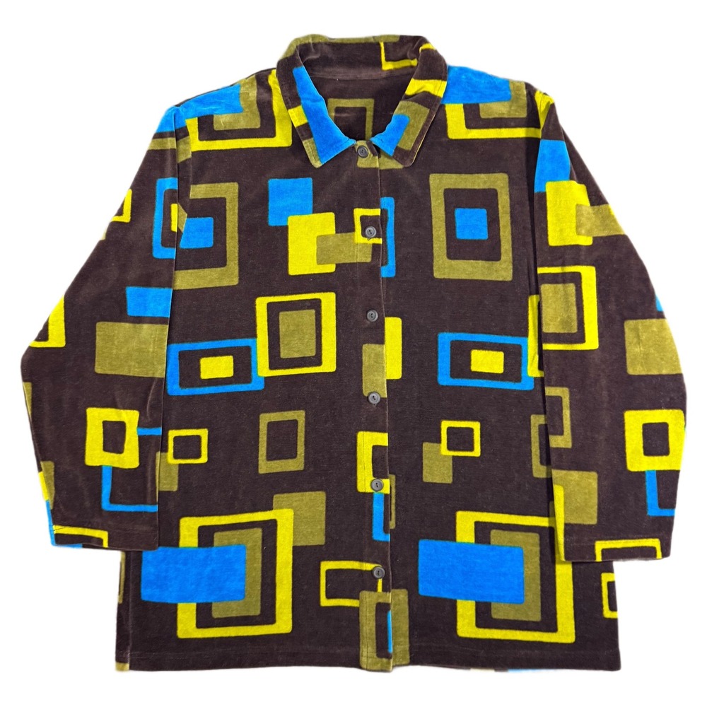 Onque Casuals Retro Geometric Button-Up Jacket – Brown, Blue, Yellow Mod Pattern
